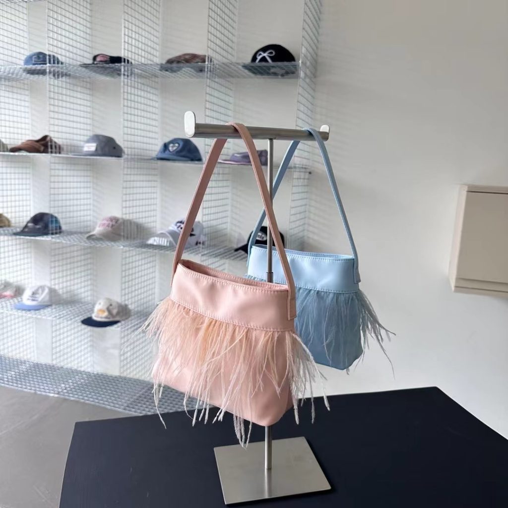 French Style Satin Feather Tassel Handbag with Floral Accents