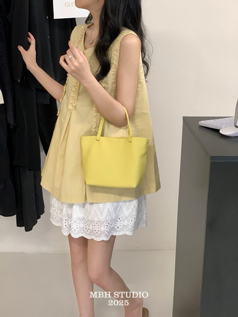 MBH Women's Top Layer Cowhide Litchi Grain Basket Tote Bag Minimalist Versatile Small Handbag with Shoulder Strap
