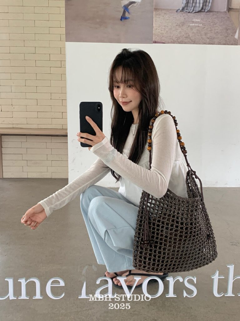 MBH Handwoven Beaded Hollow Tote Bag Large Beach Vacation Shoulder Bag with Storage Pouch