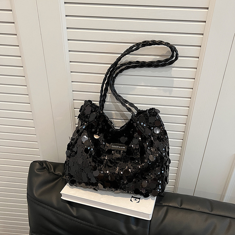 Trendy Large Sequin Tote Bag for Women Street Style Woven Shoulder Bag 2024 Summer