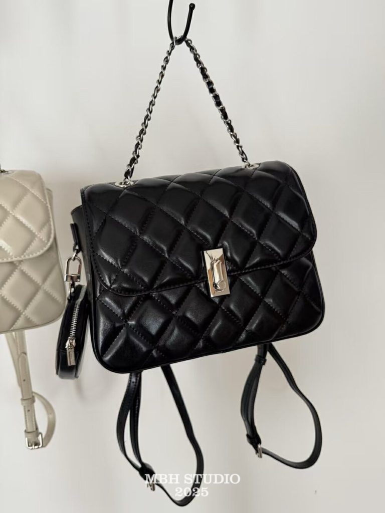 MBH Designer Top-Grain Leather Quilted Commuter Backpack with Pouch