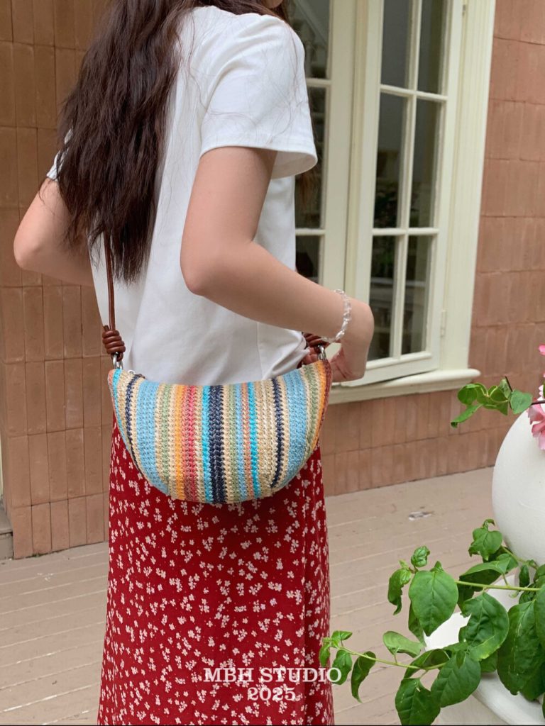 Raffia and Leather Rainbow Striped Croissant Bag Summer 2025 Shoulder Crossbody with Strap