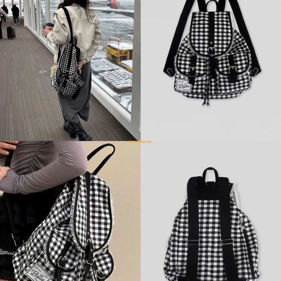 Fletta Black and White Plaid Lace Backpack Large Capacity School Bag with Pockets Japanese Style