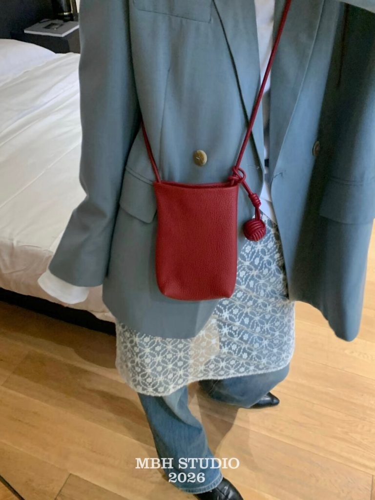 MBH Korean Style Top Layer Cowhide Dopamine Mini Crossbody Phone Bag with Woven Ball